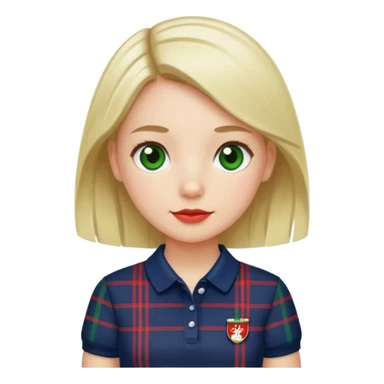 School uniform with navy polo shirt and navy plaid skirt with green white and red  sticker