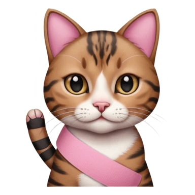 a young female brown and black tabby cat, with a pink bandage on her front paw, sticker