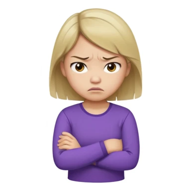 Angry Pouty girl with small asian eyes folding arms in a purple longsleeve shirt she has fair skin and medium length brown hair with blonde sticker