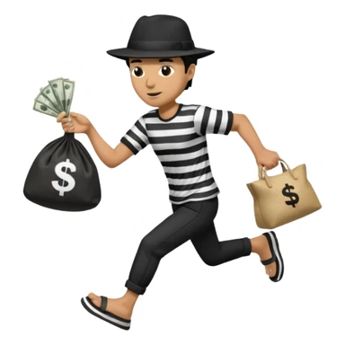 Make a man wear a black pant and he shirt is balck line and white line and wear a black hat and he holding a money bag and he running he wear a black eye thing no money in the Left hand and he yellow and the money bag in the right he wear a flip flop like this is Money bag 💰 NO MONEY sticker