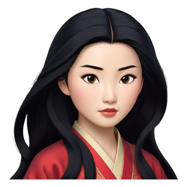 Cinematic Realistic Mulan Portrait, depicted with lifelike skin texture, soft natural lighting, and intricately detailed long black hair styled elegantly. Her deep, expressive eyes exude determination and grace, complemented by a serene yet confident expression. She is dressed in her classic attire, with rich fabric textures and delicate folds that catch the light beautifully. The portrait features a soft, enchanting glow with a natural, radiant finish, capturing the essence of timeless strength and beauty in a realistic and painterly style, evoking a sense of depth and authenticity. sticker
