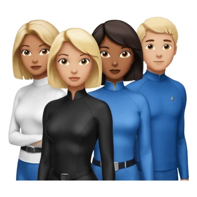 3 Friends standing side by side, charlie's angels style: 1 black woman with a short flat pressed bob, 1 hispanic man with a thin nose and long hair, and 1 white guy with blue eyes and a short brown-blonde haircut sticker