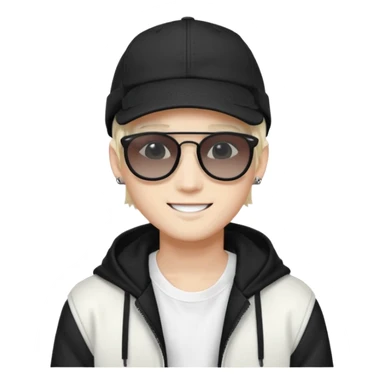 Portrait of a male K-pop idol, white skin, wearing a stylish streetwear outfit with layered clothing, makeup, wearing a black cap, smiling, sunglasses sticker
