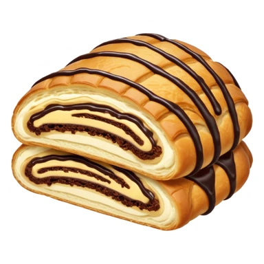  Chocolate-filled croissant roll, golden flaky pastry, chocolate drizzle on top, bite taken, white background, realistic food photo sticker