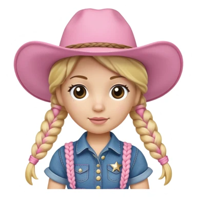 A soft plush cowgirl doll with a pink hat and blonde braids sticker