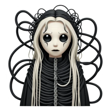 tangled black cables creating an occult creature covered in black rags and bondage, Giger style sticker