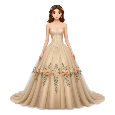 A luxurious strapless A-line wedding gown featuring a sheer lace corset bodice with structured boning, intricate floral embroidery, and a flowing layered tulle skirt adorned with delicate 3D floral appliqués for a soft, romantic, fairytale look. sticker