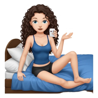 white girl, dark brown long slightly curly hair , skinni but with big breast , septum piercing on nose, beautiful dark gray-blue eyes, showing her foot in bed sticker