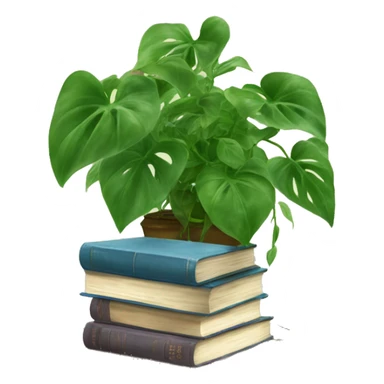 Pothos plant on a shelf with heaps of full vines of leaves hanging down. On the shelf next to it is a pile of 3 books that are cute  sticker