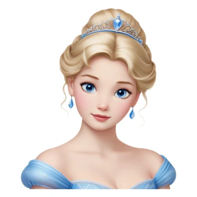Cinematic Realistic Cinderella Portrait, depicted with lifelike skin texture, subtle rosy undertones, and soft natural lighting that enhances the gentle contours of her face. Her intricately detailed golden blonde hair is elegantly styled in an updo, with delicate wisps framing her face for added realism. Her deep, expressive blue eyes radiate warmth and sincerity, reflecting a quiet resilience and grace. She is dressed in her iconic ball gown, the fabric shimmering with intricate embroidery and fine translucent layers that catch the light beautifully. The soft sheen of satin gloves and the delicate sparkle of a glass-like slipper peeking from beneath her dress add a touch of magical realism. The portrait features an enchanting glow with a natural, luminous finish, seamlessly blending realism and fairytale charm to evoke a sense of depth, elegance, and timeless beauty. sticker