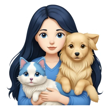 Woman with long black hair holding a blue and white long-haired cat and a golden retriever dog sticker