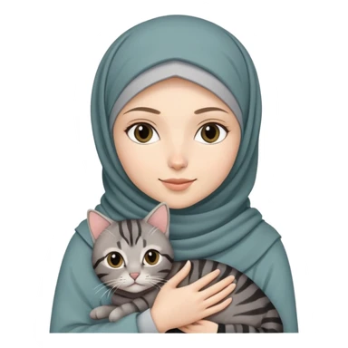 White girl wearing  hijab holding a black grey tabby cat sticker