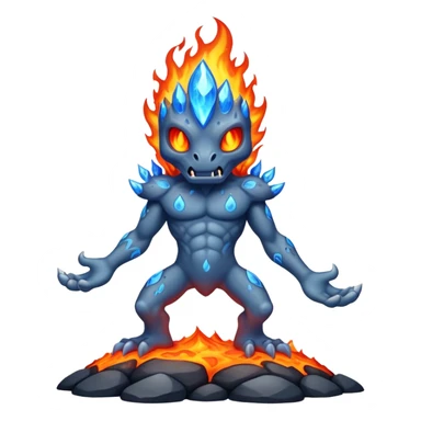 a mystical fast lava creature without arms with molten lava on its head and some rocky shoulders, fire crystals, blue flames, fire legs, no background sticker