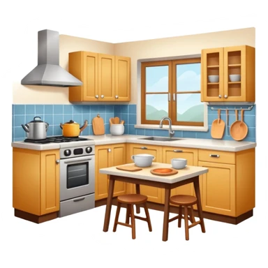 A cozy home kitchen in clean emoji-style illustration. Warm colors, simple shapes, homemade dishes on the counter, friendly atmosphere, flat design, high contrast, clear outlines. sticker