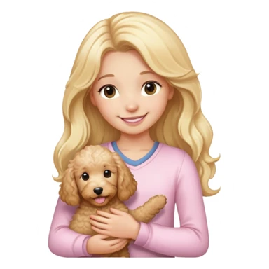 girl with long blonde hair smiling wearing light pink holding goldendoodle sticker