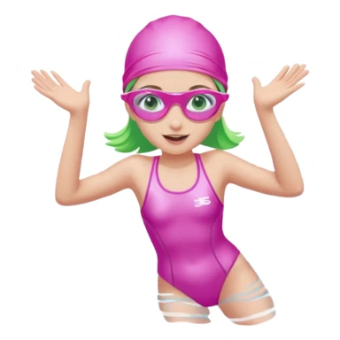 pretty girl with green eyes pink swim cap holographic swimming glasses and cute profesional swimmer pink swimsuit jumping in water sticker