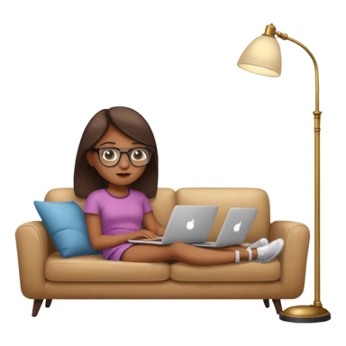 A girl is working with a laptop while lying on a sofa, with a floor lamp to the right. sticker