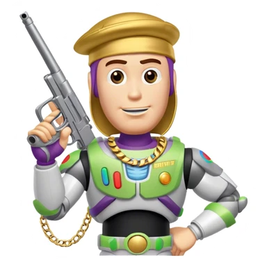 buzz lightyear with a gold chain, durag, and gun sticker