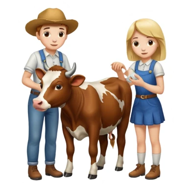 A boy and a girl petting a cow sticker