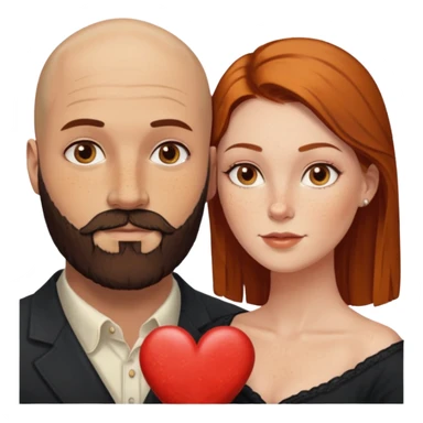 Couple. Bald man with dark brown-black beard. White woman with many small, faded freckles, white skin and she has auburn-yellow-brown-caramel, dark hair. She has light orange-brown eyes. The man have hazel eyes. They are inside one big heart. Retro style. sticker
