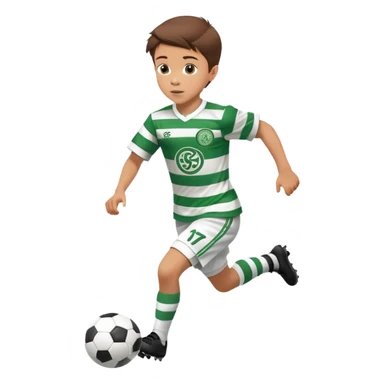 Brown hair 6 years old white boy footballer RUNNING playing soccer wearing CELTIC  UNIFORM  has white stripes  # 17 in the jersey the celtic football club logo  sticker