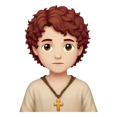 Medieval spring outfit worn by a DnD themed fantasy male character. Warm beige linen tunic with burgundy cross-stitching at the shoulders, tied with a soft suede cord. Clothes only above the waist, full waist coverage. The character has no arms. Character is white-skinned with rich mahogany hair, golden hazel eyes, and short curly hair with defined spirals. sticker
