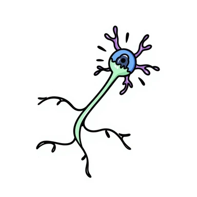detailed hand-drawn neuron diagram with blue cell body, purple dendrites, green axon with myelin sheath, glowing shield aura around the neuron, scientific doodle style sticker