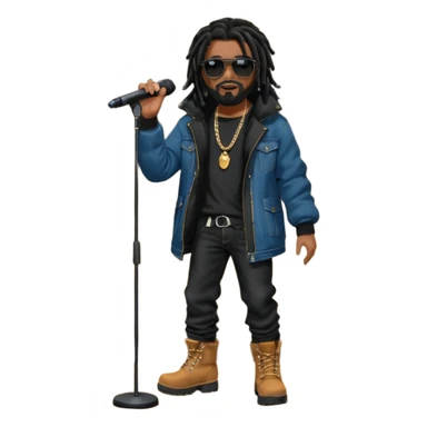 African American man with shoulder length black dreadlocks with black beard wearing dark black sunglasses wearing a black bubble coat wearing denim skinny jeans and timberland boots rapping into a microphone on stage sticker
