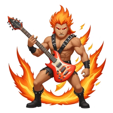 An icon showing a rock musician wielding a guitar in an epic battle, inspired by Brutal Legend. The design features fiery backgrounds, musical notes floating in the air, and electrifying stage lights, capturing the power of music and combat. Transparent background highlights the energy. sticker