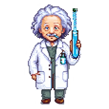 pixel art of Einstein in a lab coat holding a test tube sticker
