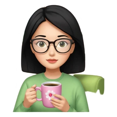 Chica de pelo negro ojos negros y piel morena con lentes oversize square GAFAS DE LEER BIEN GRANDES , ropa de color verde , sentada en una sala de casa , en la mano derecha una taza de cafe en color rosa con una flor negra de diseno. Sentada mirando un drama koreano en la television.  sticker