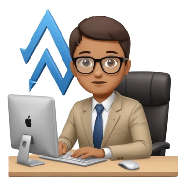 A person sitting at a desk working on a computer with upward arrows and percentage signs, suggesting digital sales, marketing, or outreach. sticker