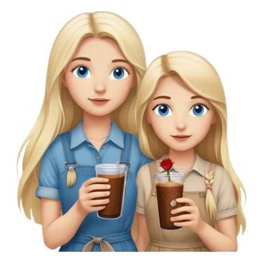 Turkish beautiful finish Konya girl long blonde hair and blue eyes with his brother beige denim dress and had on her hand Rose Cold brew coffee   sticker