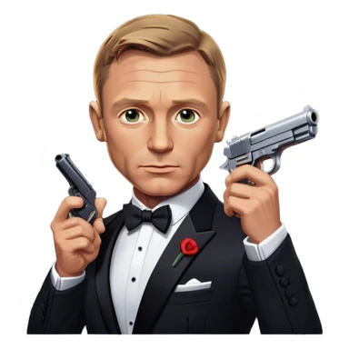 Cinematic Realistic James Bond Daniel Craig Portrait Emoji, depicted as the ultimate suave and enigmatic secret agent, donning a sharply tailored tuxedo, gripping a sleek handgun, with a piercing gaze that exudes confidence and danger. The scene is infused with moody, high-contrast cinematic lighting, evoking the thrilling world of espionage and intrigue. sticker