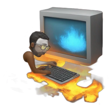 computer programmer typing furiously surrounded by fire sticker