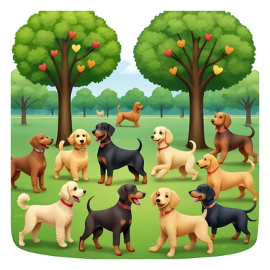 Collage of various dog breeds like Doberman, Poodle, Dachshund, and Golden Retriever, playing in a park with trees and grass. Some dogs run, others sit, all are full of energy and happiness. A joyful, colorful scene with playful expressions. Transparent background. sticker