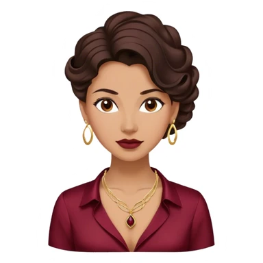 Emoji femenino con cabello recogido elegante castaño oscuro con ondas. Tono de piel bronceado. Viste camisa satinada vinotinto y lleva tres collares combinados color dorado. Diseño minimalista pero elegante. sticker