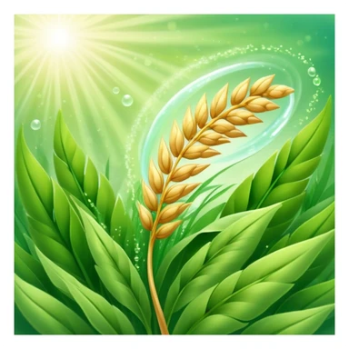 Golden wheat ear floating among green leaves and bright particles, spinning around an ethereal digestive system with soft light texture, while subtle cleansing waves pass through the air like a purifying spell sticker