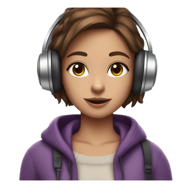 Brown haired girl, fair skin, purple sweater, headphones, long lashes and cat in arms sticker
