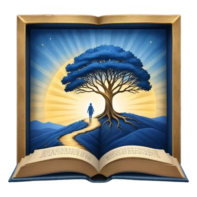 A deep blue-to-golden sunrise book with a textured, aged cover, featuring a lone figure on a path, a ray of light, or a tree with deep roots, radiating hope, purpose, and the power of finding meaning in adversity. sticker