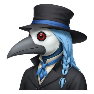 Plague Doctor with black flat beak mask, with light-blue beautiful hair, handsome sexy, long hair tendril bangs down on the sides, white lab coat, blue cravat, black feathers on shoulder, raven companion, black gloves, red eyes sticker