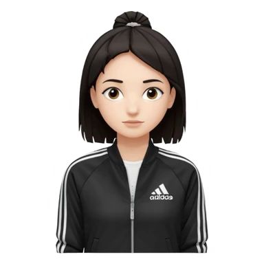 A girl with  medium length, dark hair, fair skin. The style is a layered cut that falls around her shoulders. wore black Adidas track jacket with white stripes on the sleeves. It has a full zipper down the front, a stand-up collar, and the Adidas logo on the right chest emoji sticker