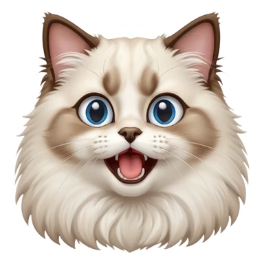 cinematic-adorable-big-eyed-fluffy-ragdoll-cat-portrait-emoji,-head-tilted-playfully-with-a-cute,-yawn,-white and brown fur,-simplified-yet-irresistibly-cute-features, blue eyes sticker