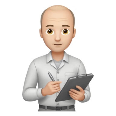 man mid 30's shirt and trousers balding hairline standing holding a clipboard sticker