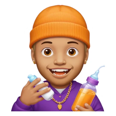 guy with orange beanie with gold teeth grillz holging a baby bottle with purple liquid sticker