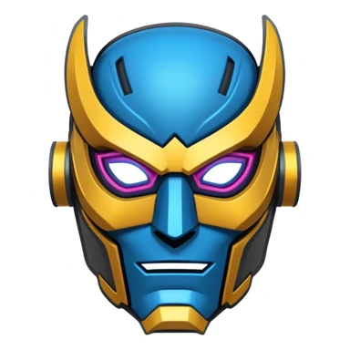 "Stylized sticker of a mechanical superhero mask, urban graffiti style, sharp edges, neon light accents, thick contour lines, high contrast, matte finish, isolated on white." sticker