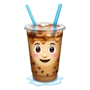A 3D cartoon plastic cup of iced coffee with straw, clear lid, ice cubes floating, realistic condensation, bright sunlight, Memoji-style. sticker
