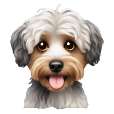 Yorkipoo with curly black and brown hair and white chest sticker