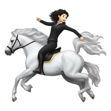 a  JET BLACK HORSE JUMPING AN OBTACLE, tHE HORSES RIDER IS A YOUNG FEMALE WITH LONG CURLY BRUNNET HAIR sticker