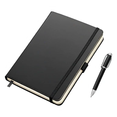 An open black Moleskine notebook with meeting agenda written at the top and clearly visible bullet points below sticker